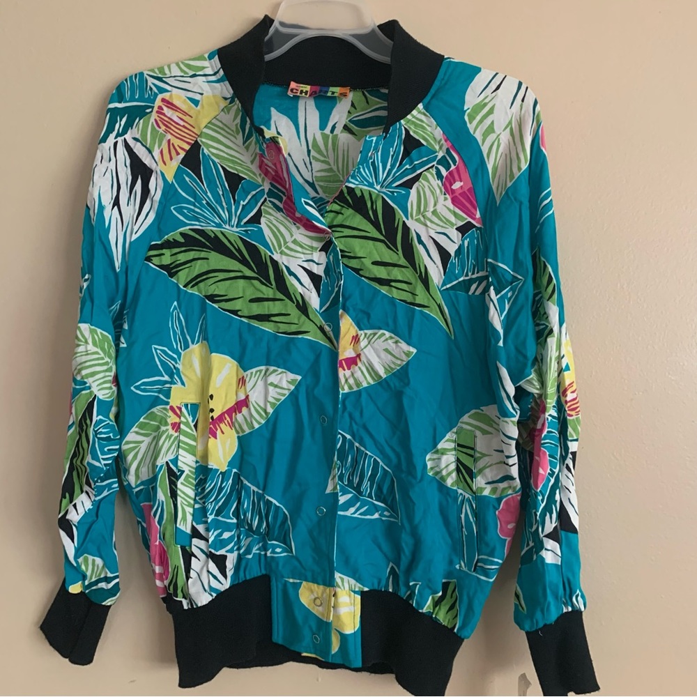 Vintage 80s 90s Charts light weight Colorful Tropical Floral Jacket S M NWT Snap